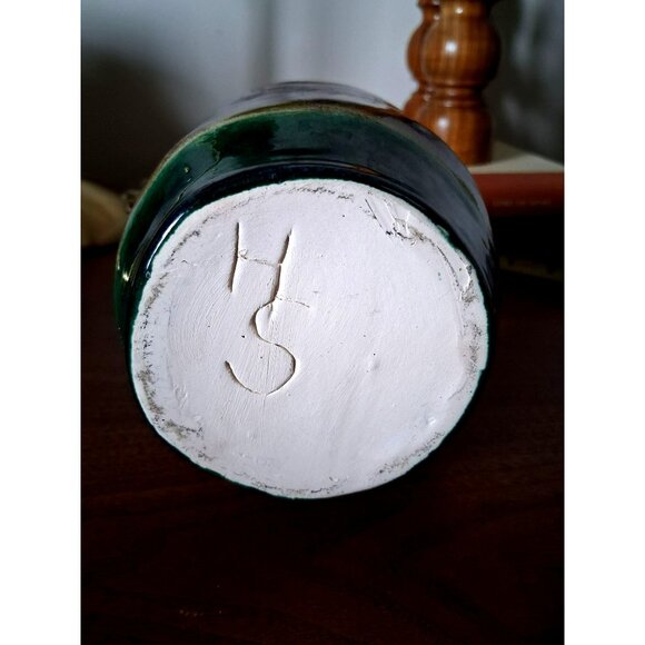 Vintage Handcrafted Ceramic Double-Spout Vase Unique Handle Design Earthy Green - Picture 5 of 7